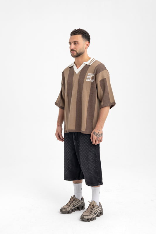Men’s Brown Stripe Knit Polo – Retro Fit with V-Neck Collar