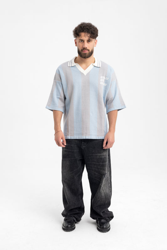 Men’s Wide Stripe Knit Polo – “What We Wear” Relaxed Fit Top