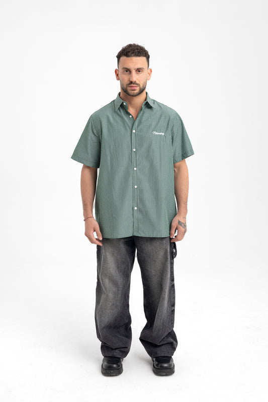 Men’s Forest Green Pinstripe Shirt – Short Sleeve with Embroidered Logo