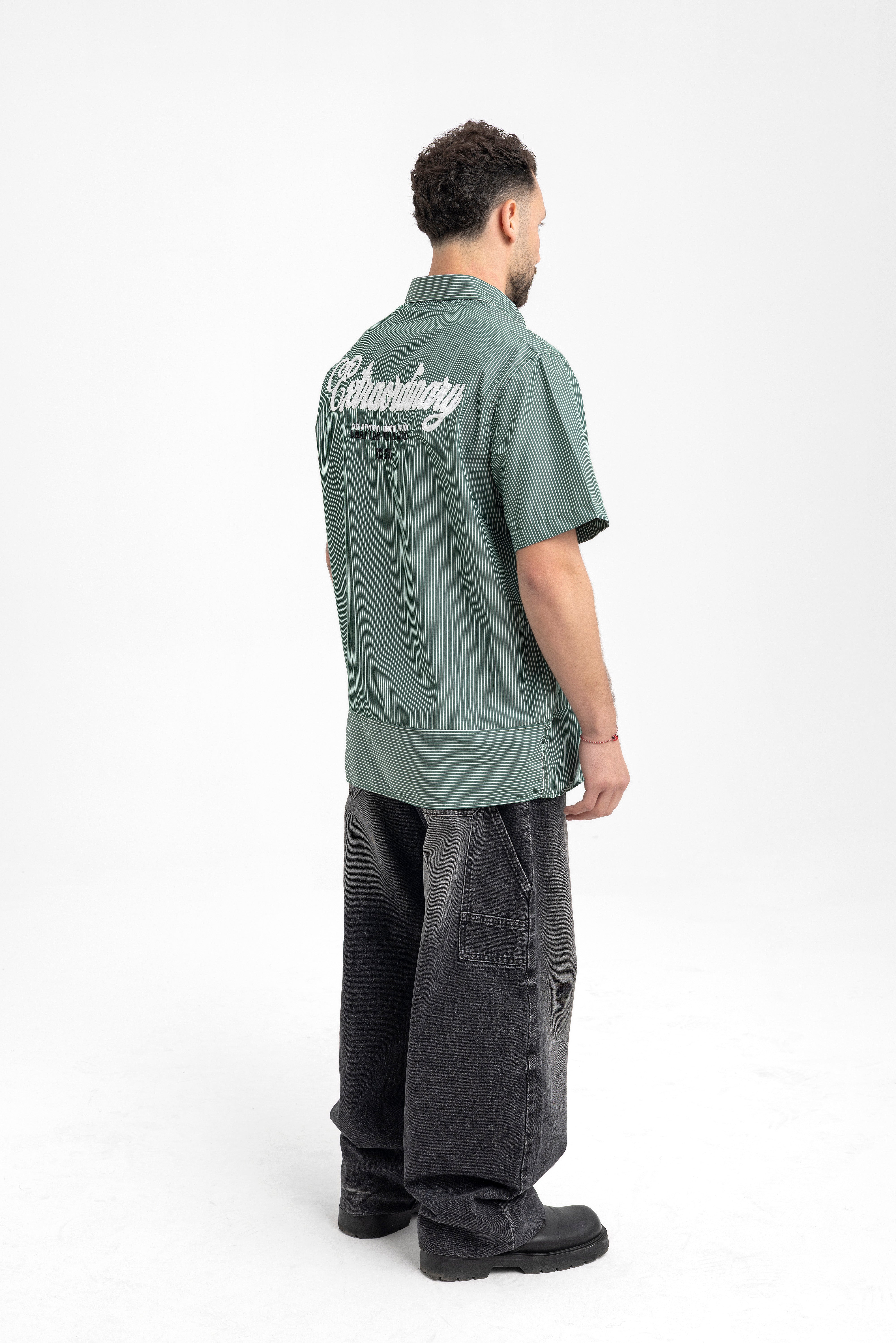 Men’s Forest Green Pinstripe Shirt – Short Sleeve with Embroidered Logo
