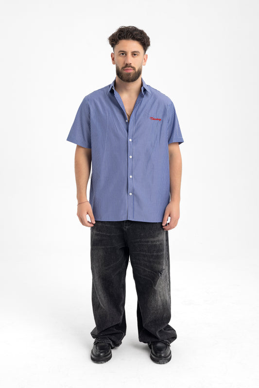 Men’s Navy Blue Striped Short-Sleeve Shirt – Casual Cool with Embroidered Detail