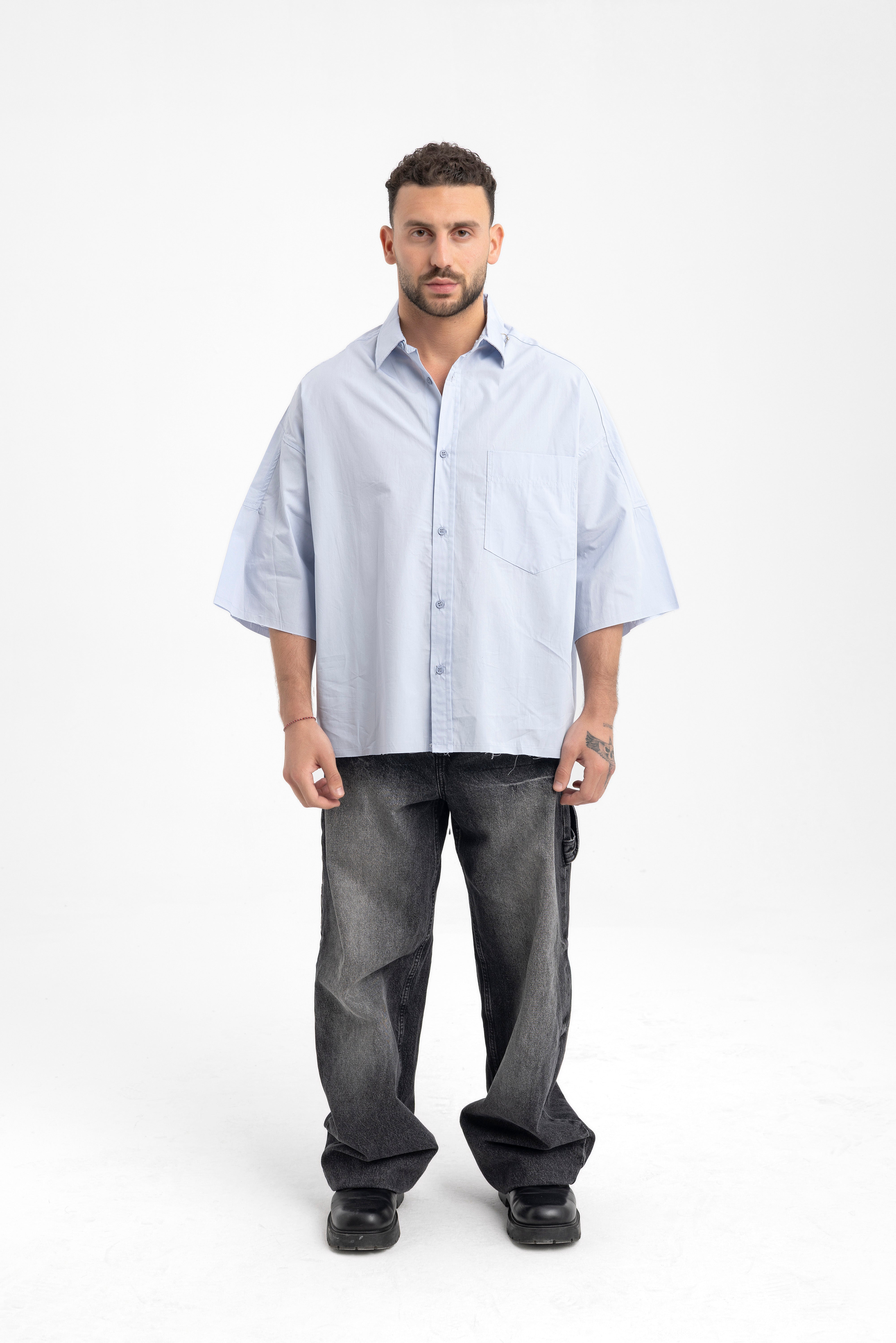 Men’s Oversized Light Blue Shirt – Modern Classic with Drop Sleeves